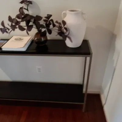 Sale Photo Thumbnail #24: Modern two-tier console table featuring a slim metal frame and dark composite shelves. Displayed on top are decorative items, including a white ceramic vase and dark faux greenery in a glass jar.