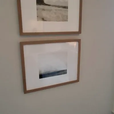Sale Photo Thumbnail #34: Pair of contemporary framed landscape art prints, matted in matching natural wood frames.