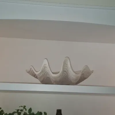 Sale Photo Thumbnail #32: Large decorative giant clam shell resin bowl displayed on a white recessed wall shelf.