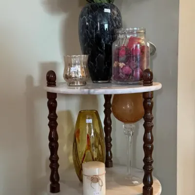 Sale Photo Thumbnail #199: Marble corner table and decor