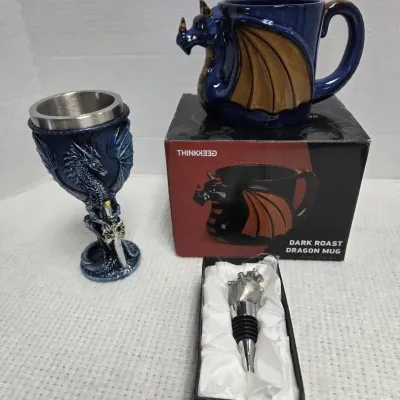 Dragon Themed Cup And Goblet With A Heart Wine Stopper