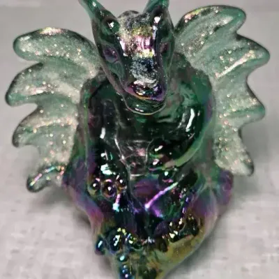 Fenton Emerald Green Iridescent Glass Dragon figurine Signed By Nancy Sexton #754