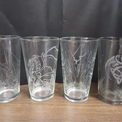 18 Dragon And Other Mixed Size Etched Glass Cups