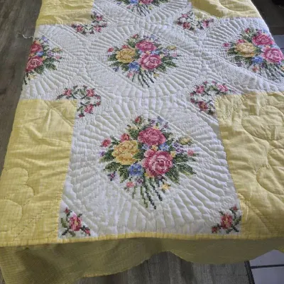 Vintage-Style Coverlet Featuring White Panels With Embroidered Floral Bouquet 