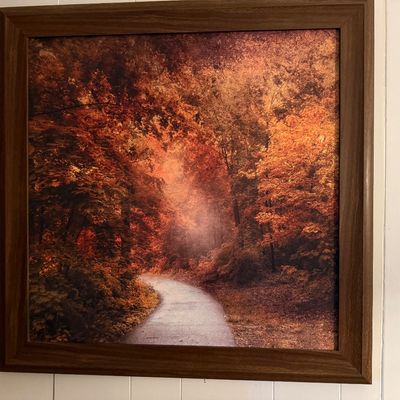 Sale Photo Thumbnail #116: Framed autumn forest landscape print featuring a paved path winding through vibrant orange and red trees, set in a simple wooden frame.