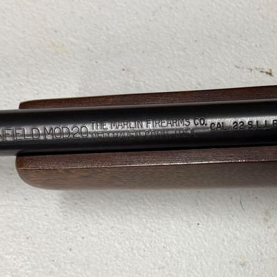 Sale Photo Thumbnail #26: Close-up detail of a Glenfield Model 20 .22 caliber rifle barrel manufactured by The Marlin Firearms Co.