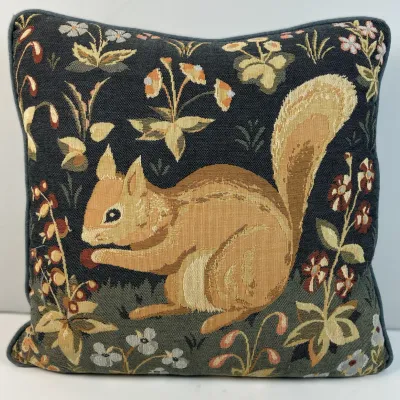 Sale Photo Thumbnail #108: Square tapestry throw pillow featuring a woven squirrel and floral design on a dark background.