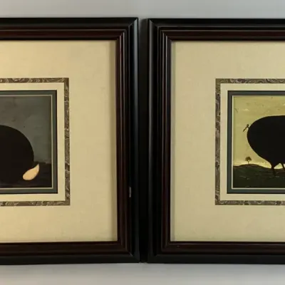 Sale Photo Thumbnail #17: Pair of framed folk art animal prints by Warren Kimble, depicting a Dutch rabbit and a Hampshire pig in matching dark wood frames with double mats.