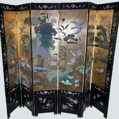 Sale Photo Thumbnail #5: Six-panel Asian Coromandel-style folding floor screen featuring gilt panels with flying waterfowl, lotus leaves, and floral accents within a black lacquered border.
