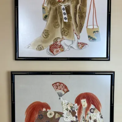 Sale Photo Thumbnail #143: Pair of vintage Japanese silk embroidered wall art panels featuring Kabuki dancers, framed in black faux-bamboo frames.