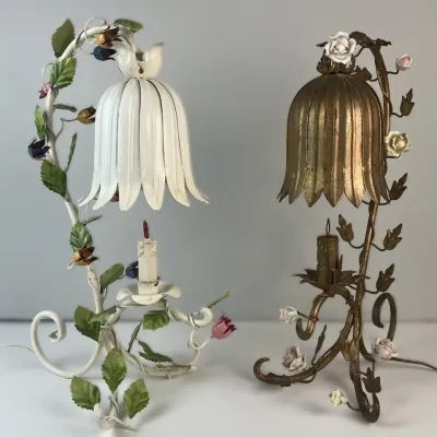 Sale Photo Thumbnail #13: Pair of vintage wrought iron floral table lamps featuring tulip-shaped shades, vine details, and small ceramic or painted metal rose embellishments.