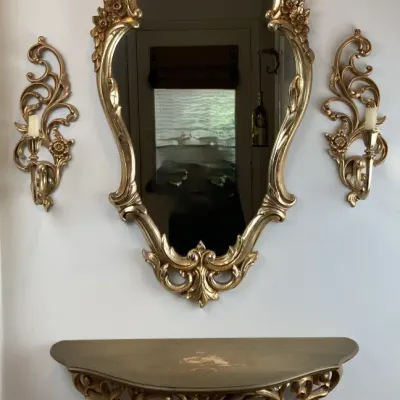 Sale Photo Thumbnail #16: Vintage French Provincial style wall ensemble featuring a gilt-framed mirror, matching floating console shelf, and two coordinating candle sconces.
