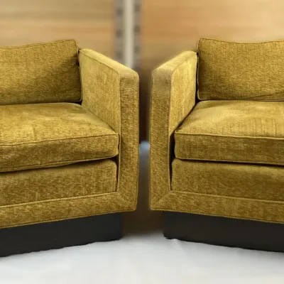 Sale Photo Thumbnail #55: Pair of mid-century modern club armchairs with textured mustard yellow velvet upholstery and dark wood plinth bases.