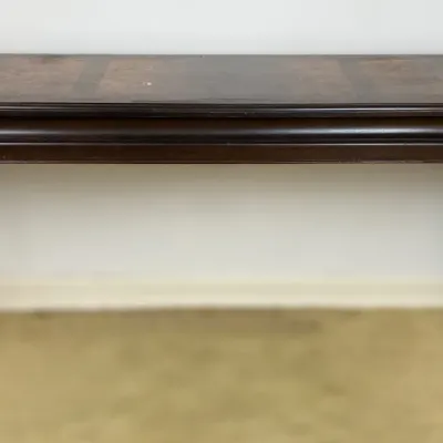 Sale Photo Thumbnail #62: Asian-style dark wood console sofa table featuring burl wood veneer inlay panels on the tabletop and clean Ming-inspired lines.