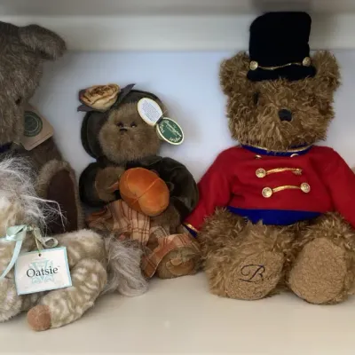 Sale Photo Thumbnail #219: Collection of vintage plush toys including Boyd's Bears and a Gund Oatsie stuffed horse, arranged on a white shelf with original tags intact.