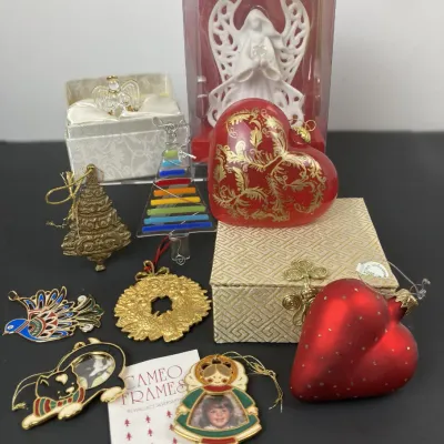 Sale Photo Thumbnail #208: Assortment of vintage Christmas ornaments and decorations, featuring cloisonné pieces, glass hearts, angel figurines, photo frames, and a rainbow glass tree.