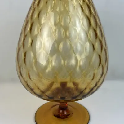 Sale Photo Thumbnail #31: Vintage amber glass oversized snifter-style vase featuring a diamond honeycomb optic pattern and scalloped rim, mid-20th century.