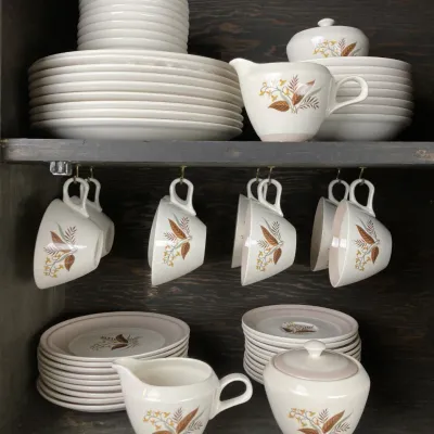 Sale Photo Thumbnail #41: Vintage dinnerware service featuring a mid-century botanical leaf pattern in brown and yellow tones, complete with stacks of plates, bowls, teacups, creamer, and sugar bowl.