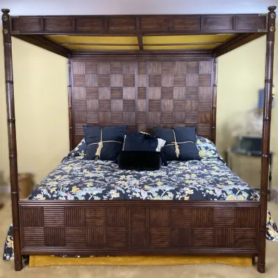 Sale Photo Thumbnail #80: British Colonial style dark wood canopy bed frame featuring faux-bamboo posts and woven parquet-style headboard and footboard panels.