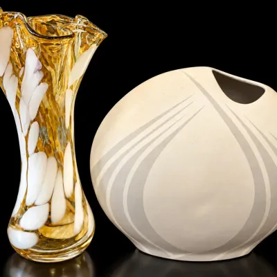 MCM Art Glass Amber White Ruffled Vase & Modernist Ceramic Vase Lot of 2