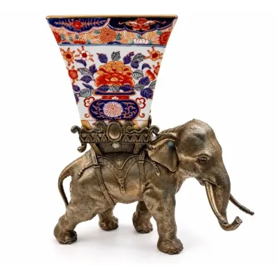 Ornate Metal Elephant Sculpture with Imari Style Porcelain Vase 14.25” Tall  
