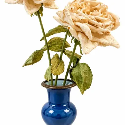 Cobalt Blue Glazed Pottery Vase Bronze Tone Base w/ Large Decorative Roses