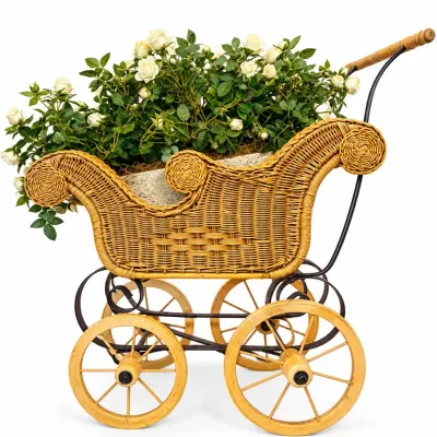 Vintage Wicker Baby Carriage Style Flower Cart Planter with Wooden Wheels