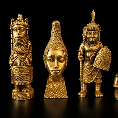 Set of 5 African Benin Style Brass Figurines Tribal Warriors Lion & Bust