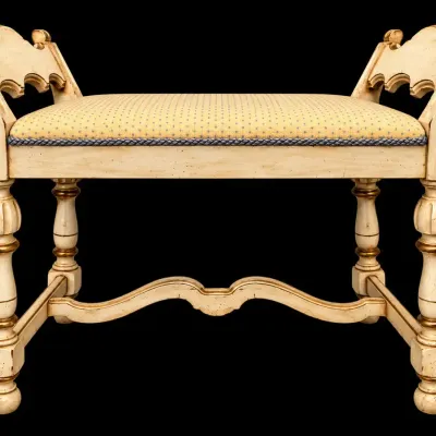 Vintage French Provincial Ivory Gold Upholstered Bench Carved Wood Vanity Seat