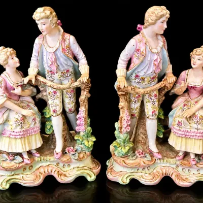 Pair Royal Doulton Porcelain Courting Couple Figurines Floral Gilt Rococo Style