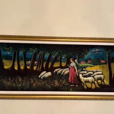 Large Framed Folk Art Style Pastoral Landscape Shepherdess & Sheep Gold Frame