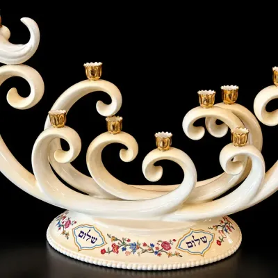 Lenox L’Chaim Porcelain Hanukkah Menorah Ivory Gold Trim Judaica Shalom