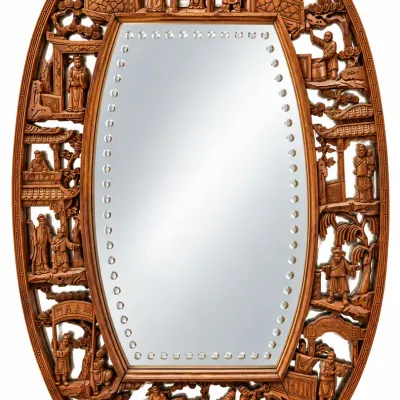 Vintage Chinese Hand Carved Wood Wall Mirror Asian Figural Openwork Frame