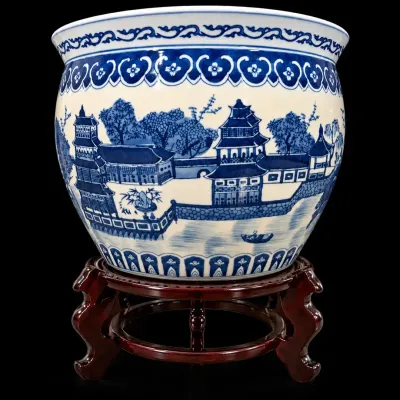 Large Chinese Blue & White Porcelain Jardiniere Planter with Wooden Stand