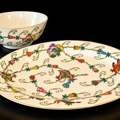 Vintage Asian Chinese Style Porcelain Oval Platter & Bowl Floral Design Set of 2