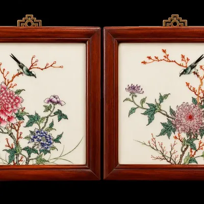 Pair of Asian Porcelain Plaques Birds & Floral Motifs in Wood Frames