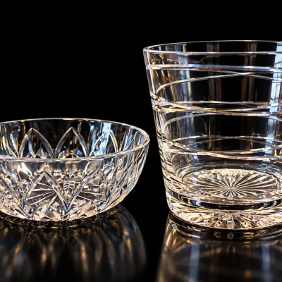 Vintage Clear Cut Glass Bowl & Spiral Etched Glass Vessel 2 Pc Decorative Lot