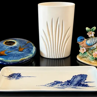 Rosenthal White Porcelain Vase, Bird Figurine, Blue Pottery & Asian Tray Lot