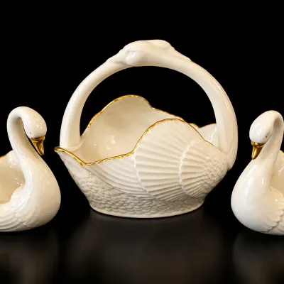 Lenox Ivory Porcelain Swan Basket & Pair of Swan Dishes Gold Trim Set of 3