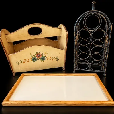 Vintage Home Decor Lot of 3 – Wine Rack, Floral Magazine Holder & Tray