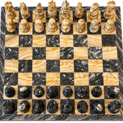 Vintage Hand Carved Marble Chess Set Black & Cream Stone Board 32 Pieces