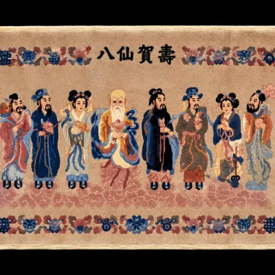Vintage Chinese Eight Immortals Oriental Rug Tapestry Longevity Design Fringed