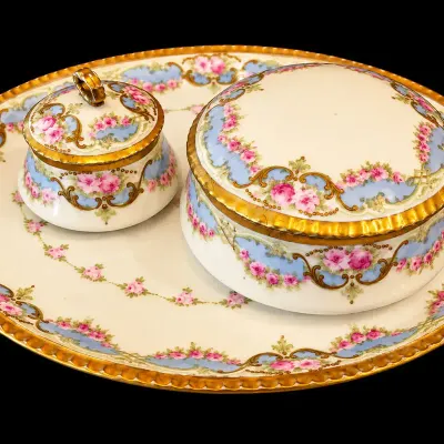 Antique Limoges Porcelain 3-Piece Vanity Set Tray & Lidded Jars Gold Gilt Roses
