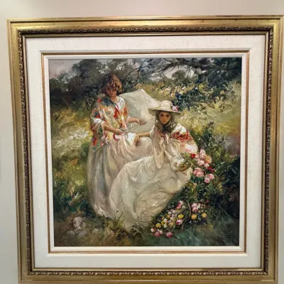 José Royo Signed Oil Painting Two Women in Garden Ornate Gold Frame
