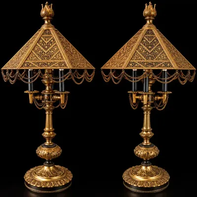 Pair Ornate Gold Tone Filigree Table Lamps Gothic Victorian Style Candelabra