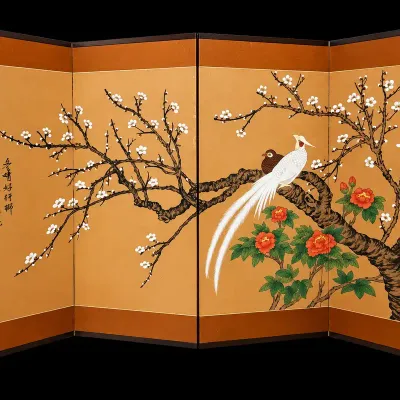 Asian 4-Panel Folding Screen Birds Cherry Blossoms Peonies Signed Calligraphy