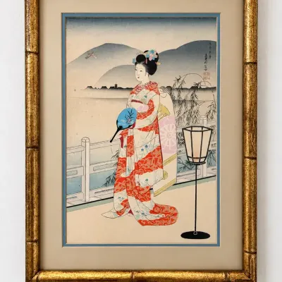 Japanese Geisha Woodblock Style Print Signed & Sealed Gold Bamboo Frame