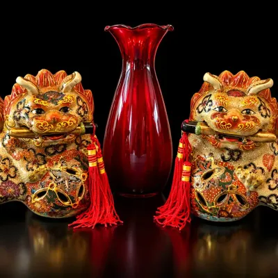 Pair Asian Gilded Ceramic Foo Dogs Guardian Lions & Ruby Red Glass Vase 3 Pc