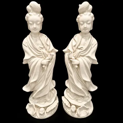 Pair Chinese Blanc de Chine Porcelain Guanyin Figurines Lotus Bases