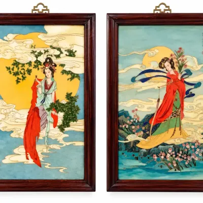 Pair of Chinese Porcelain Wall Plaques Celestial Ladies Gilt Detail Wood Frames
